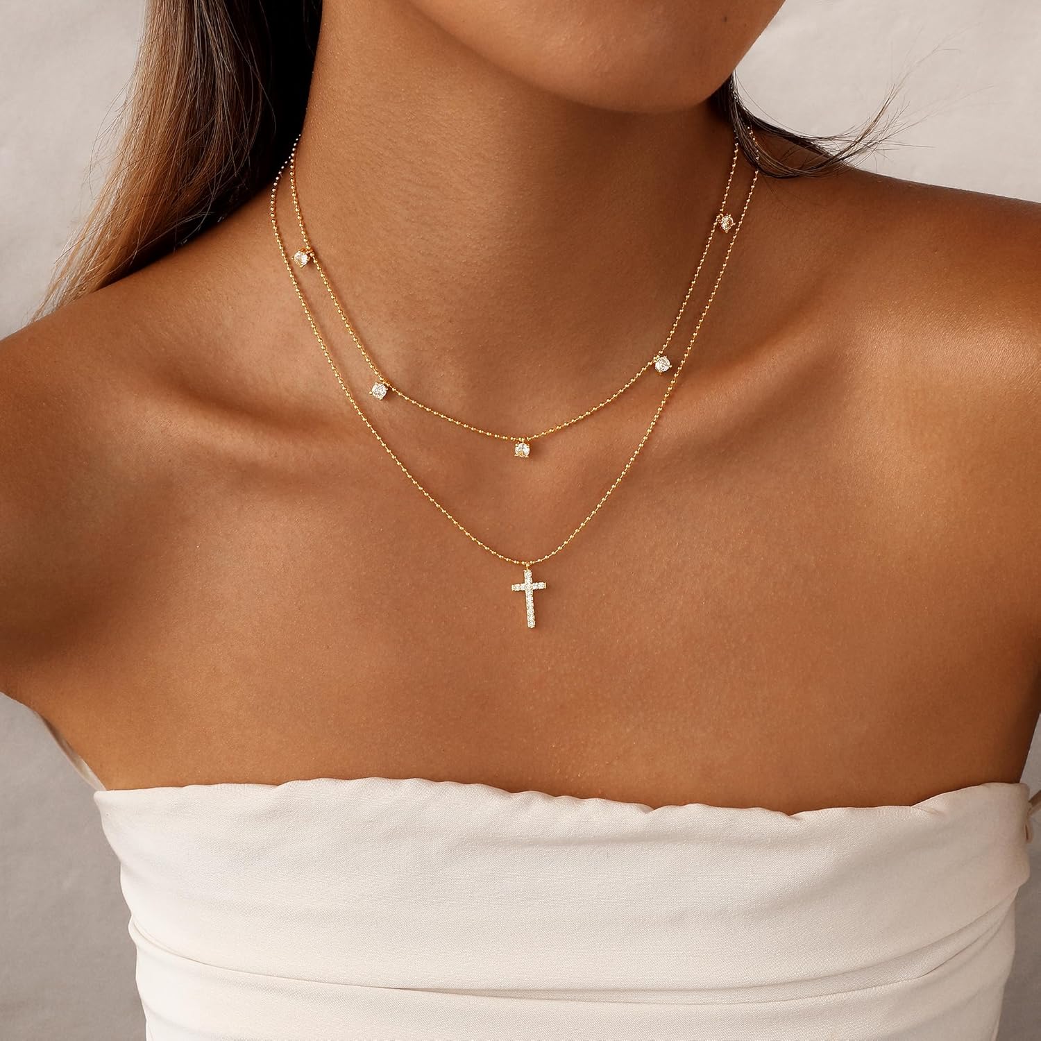 Layered Gold Bead+Diamond Cross Necklace