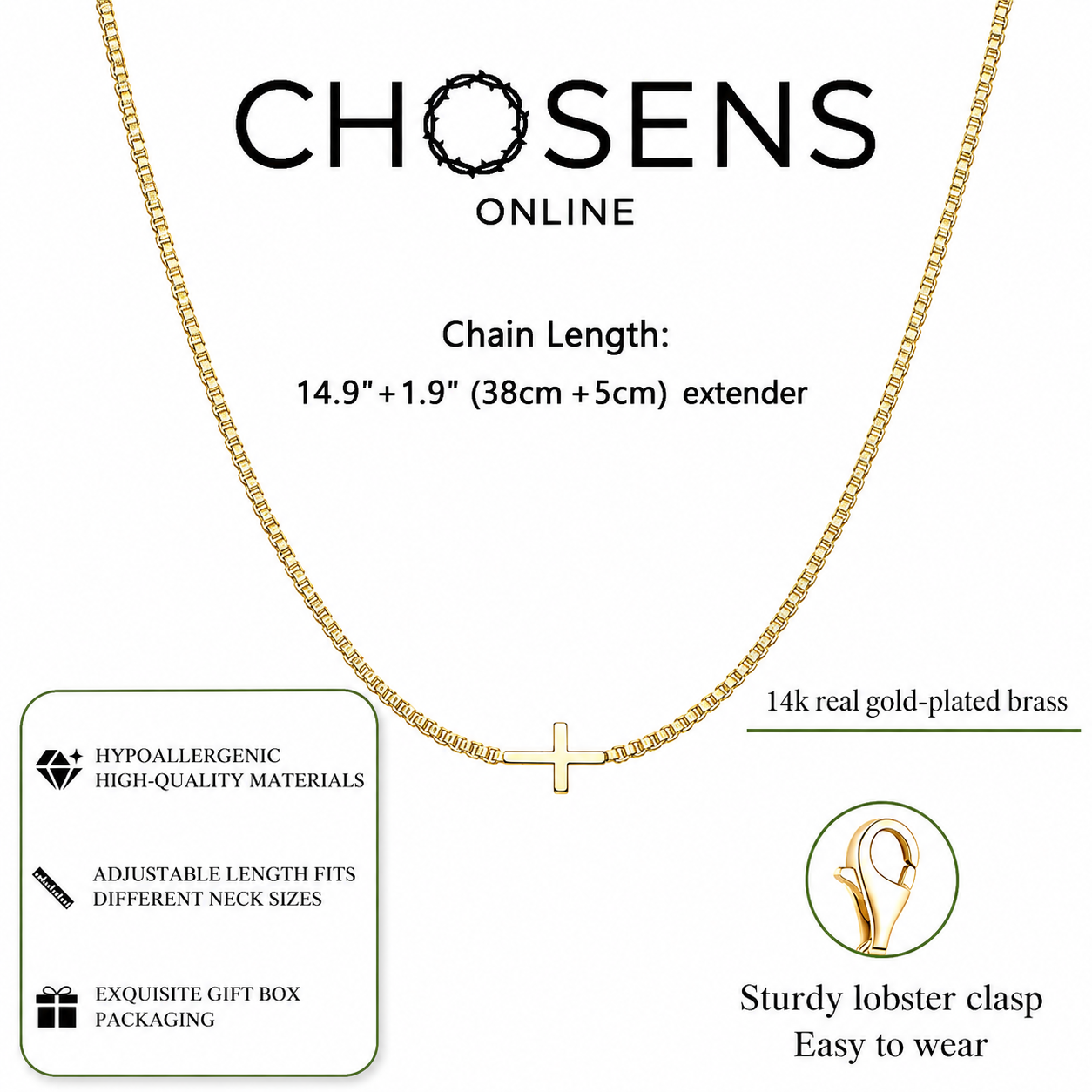 Sideways Cross Necklace for Women – 14K Gold Plated Christian Cross Necklace